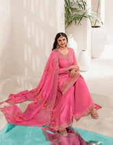 Pink Viscose Chinnon Embroidered Salwar Suit With Sharara Dupatta